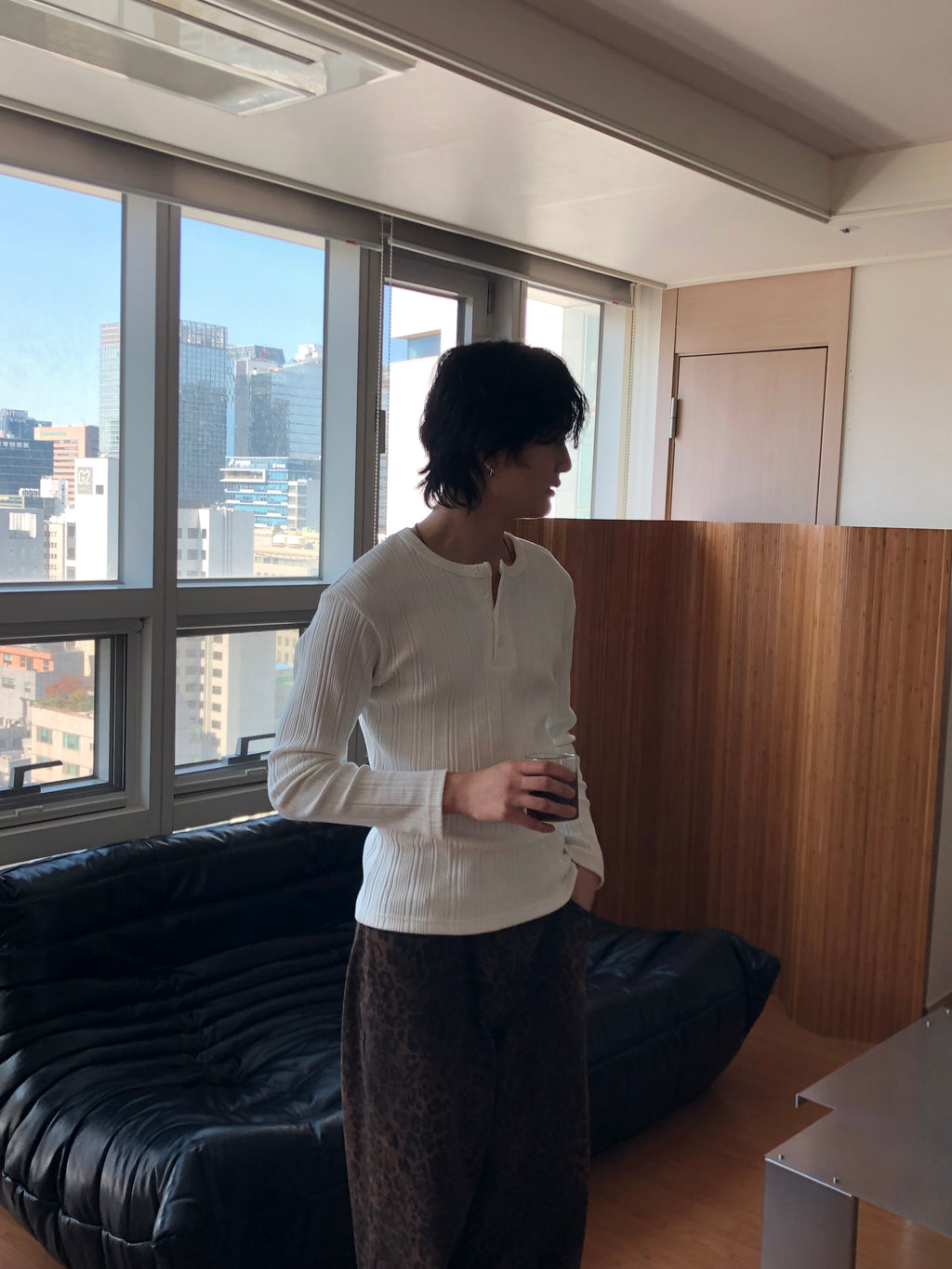 Slim Rib-Knit Henley Top(White)