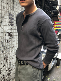 Slim Rib-Knit Henley Top(Gray)