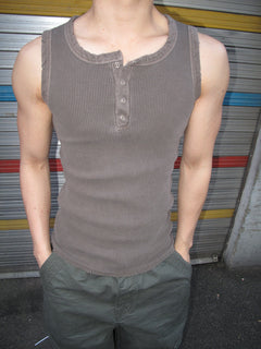 Pigment-Washed Ribbed Henley Tank Top