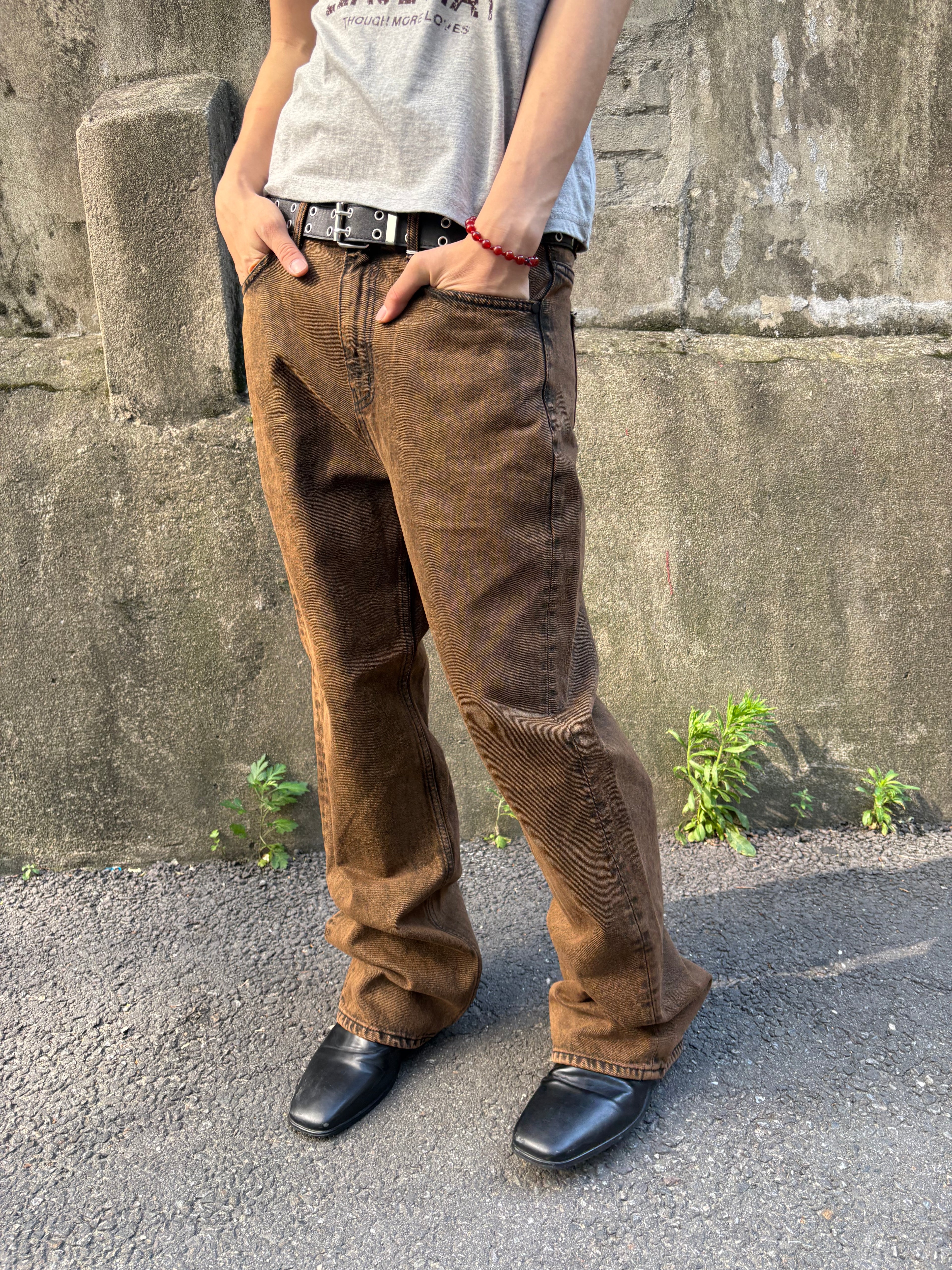 Brown-Black Mid-Wide Denim Pants
