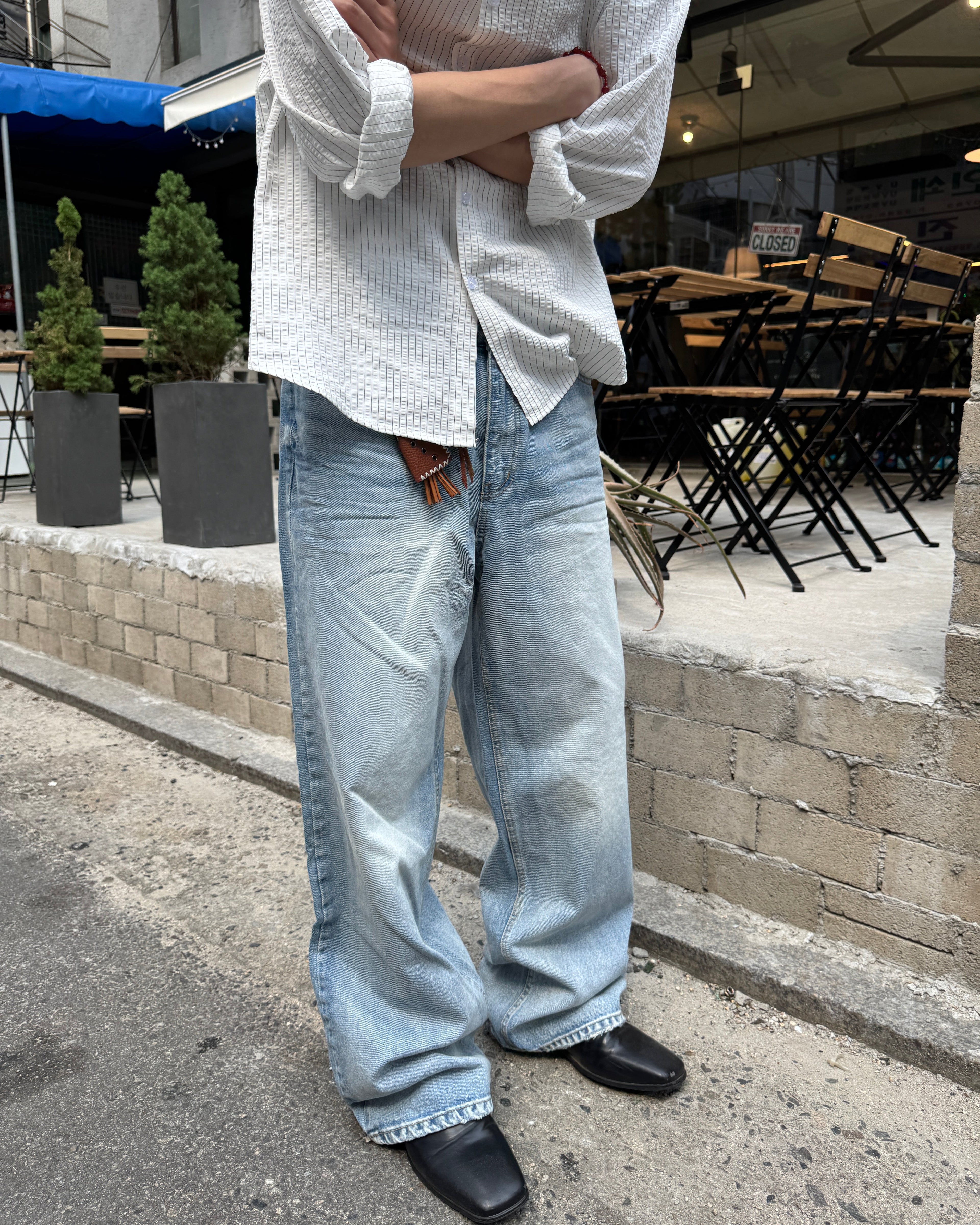 Washed Wide-Leg Denim Pants
