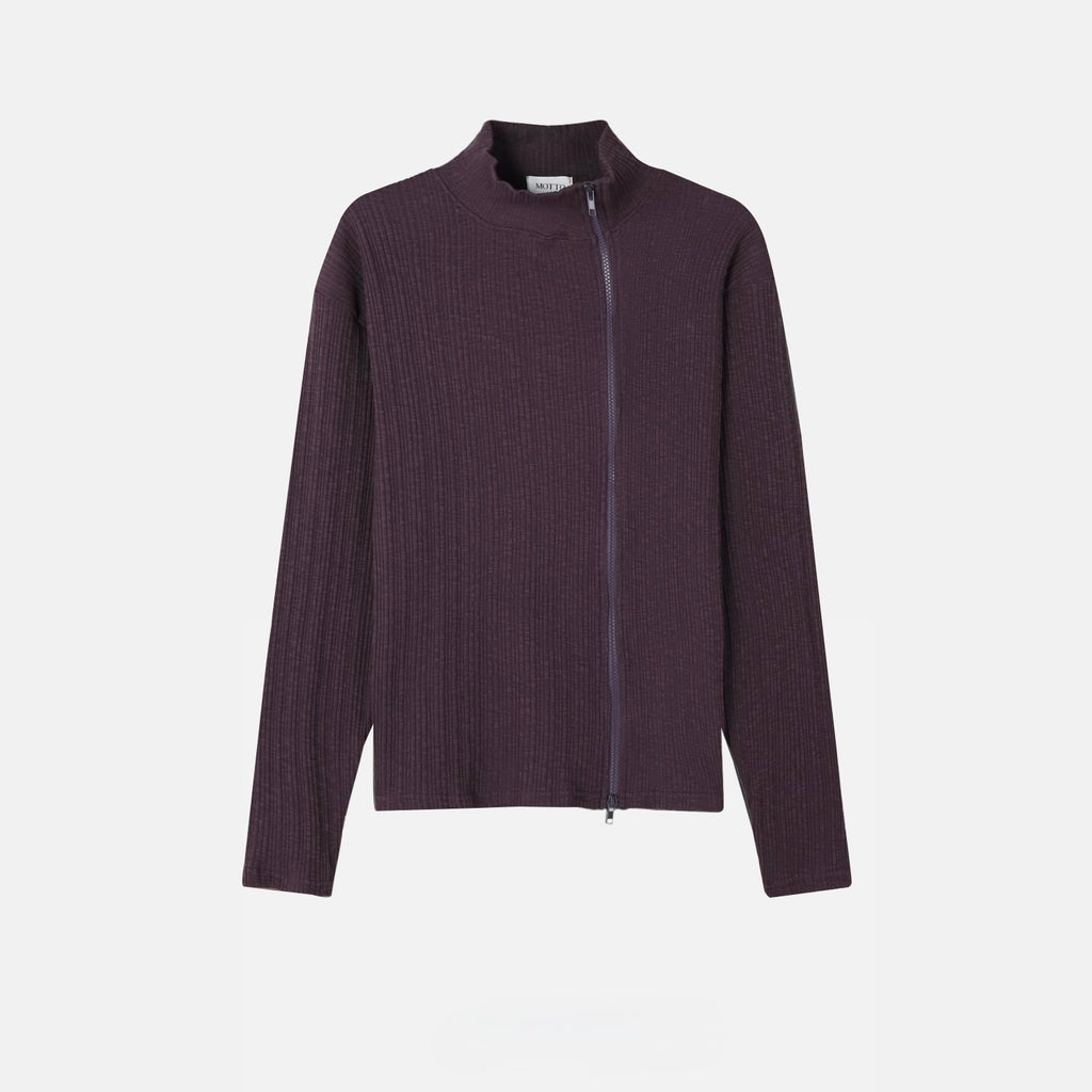 Ribbed Mock-Neck Zip Knit Top