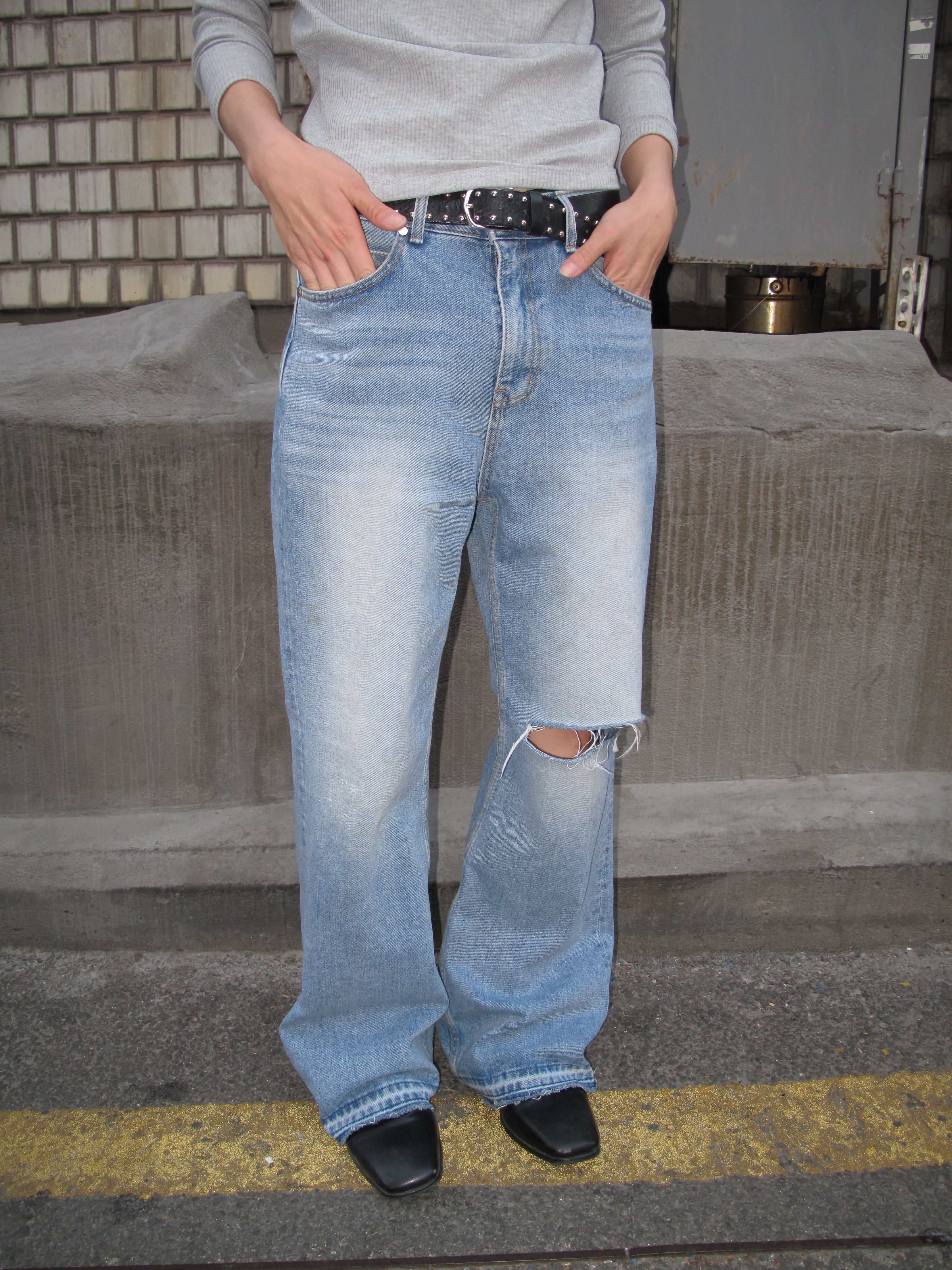 Distressed Knee-Cut Light-Wash Bootcut Jeans