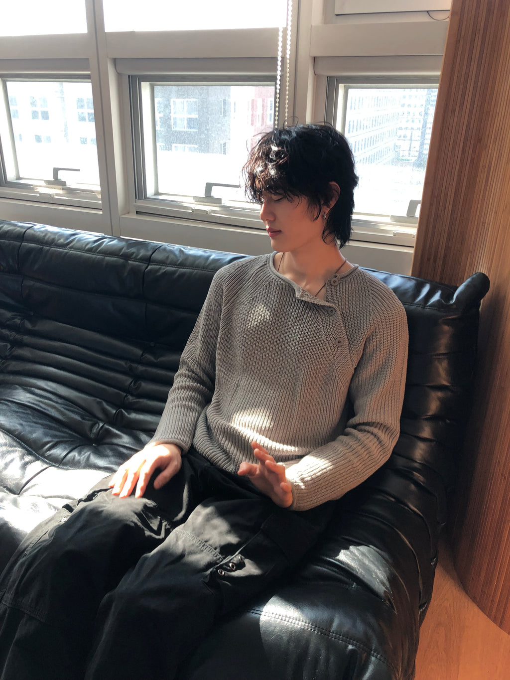 Cropped Bato Cut Henley Knit