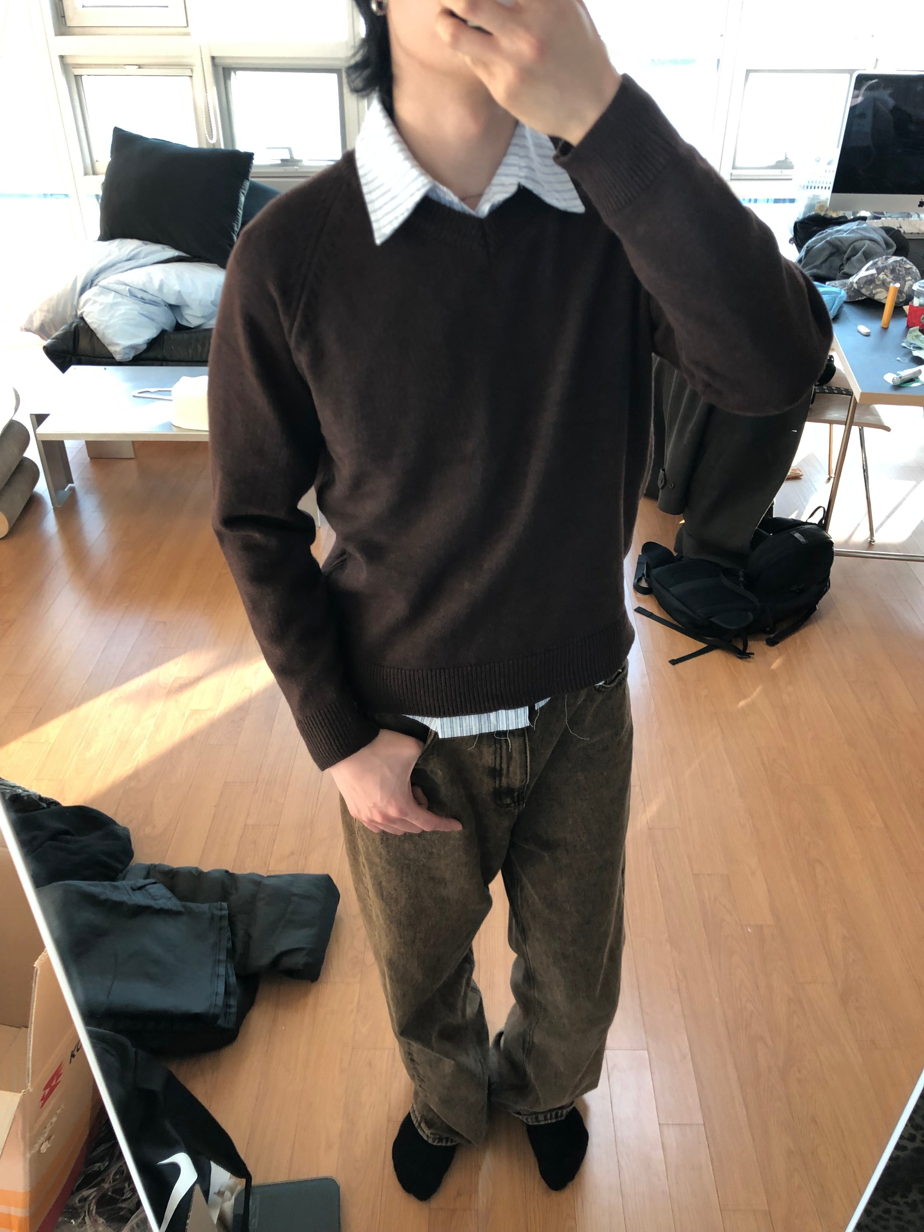 Brown Vintage Wash Wide Denim Pants