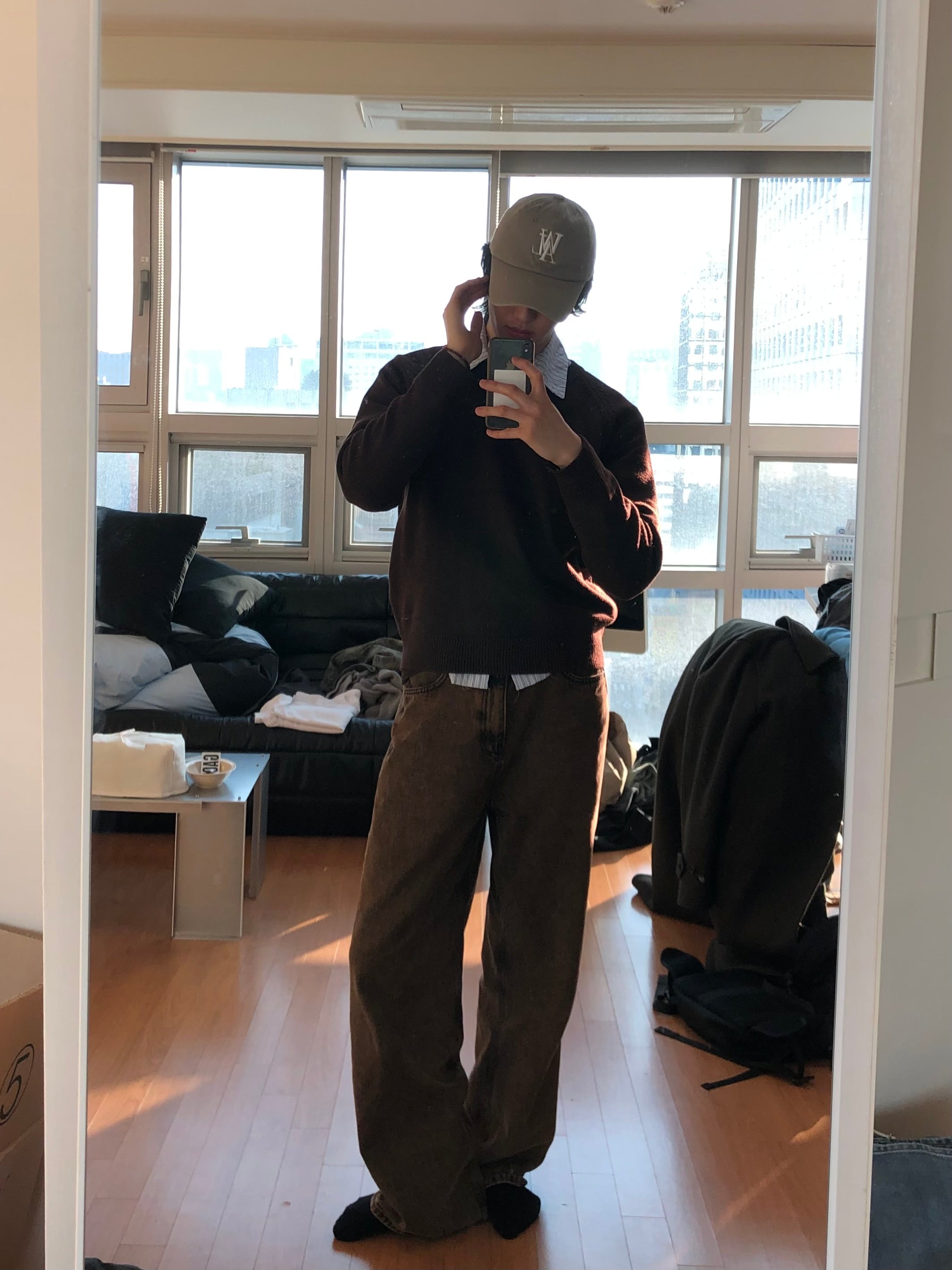 Brown Vintage Wash Wide Denim Pants