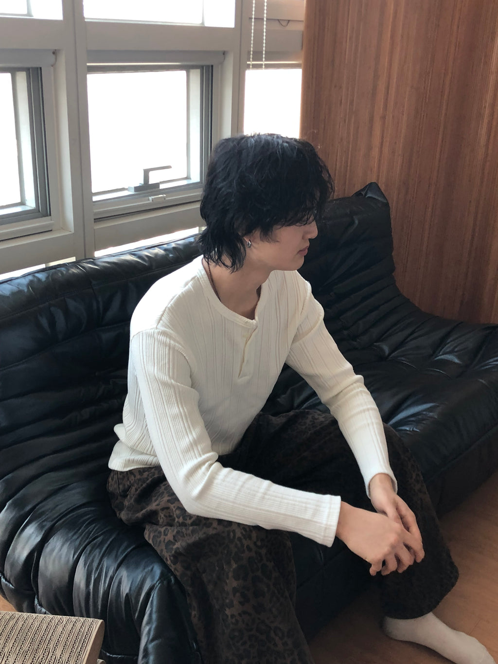 Slim Rib-Knit Henley Top(White)