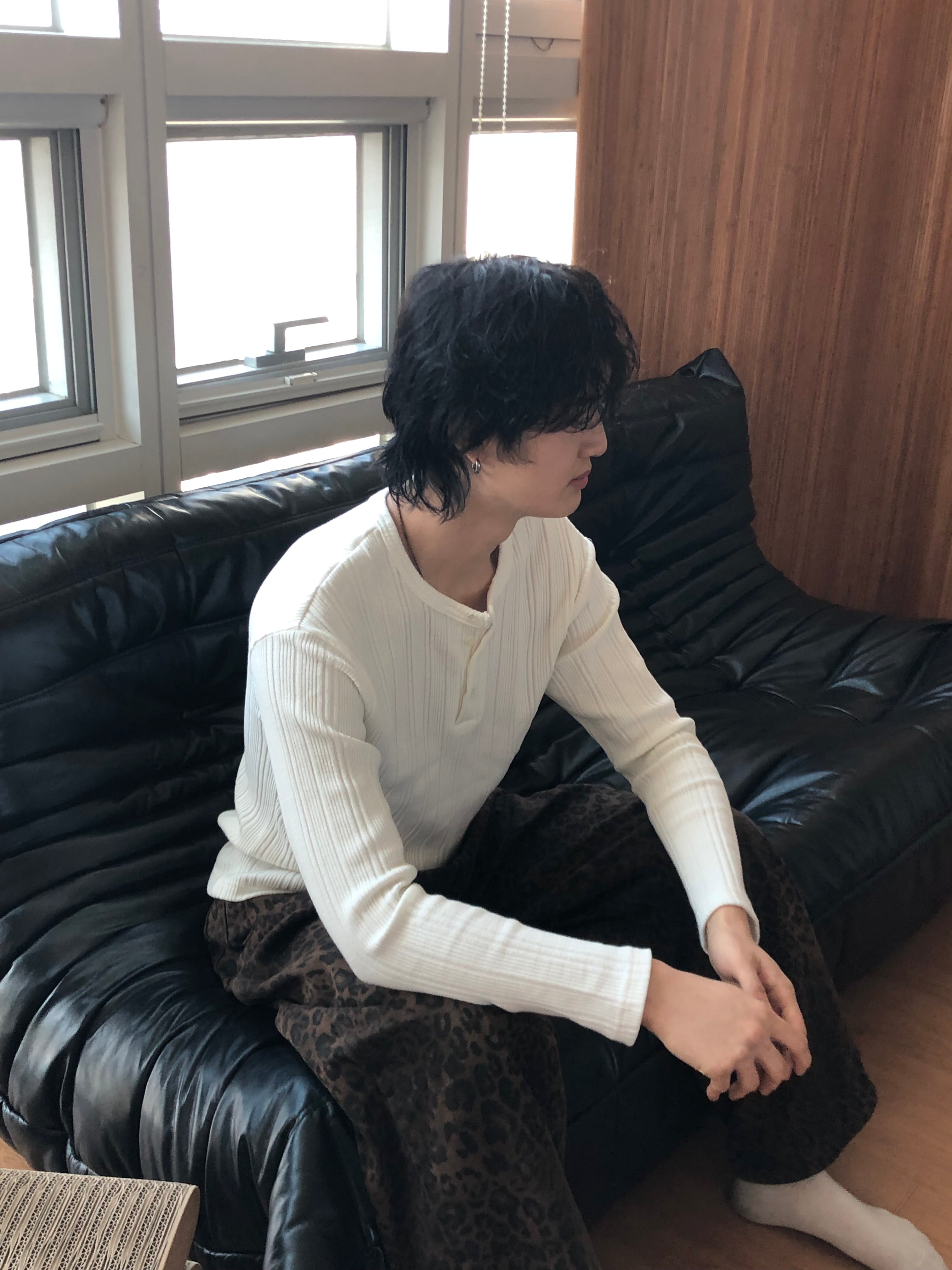 Slim Rib-Knit Henley Top(White)