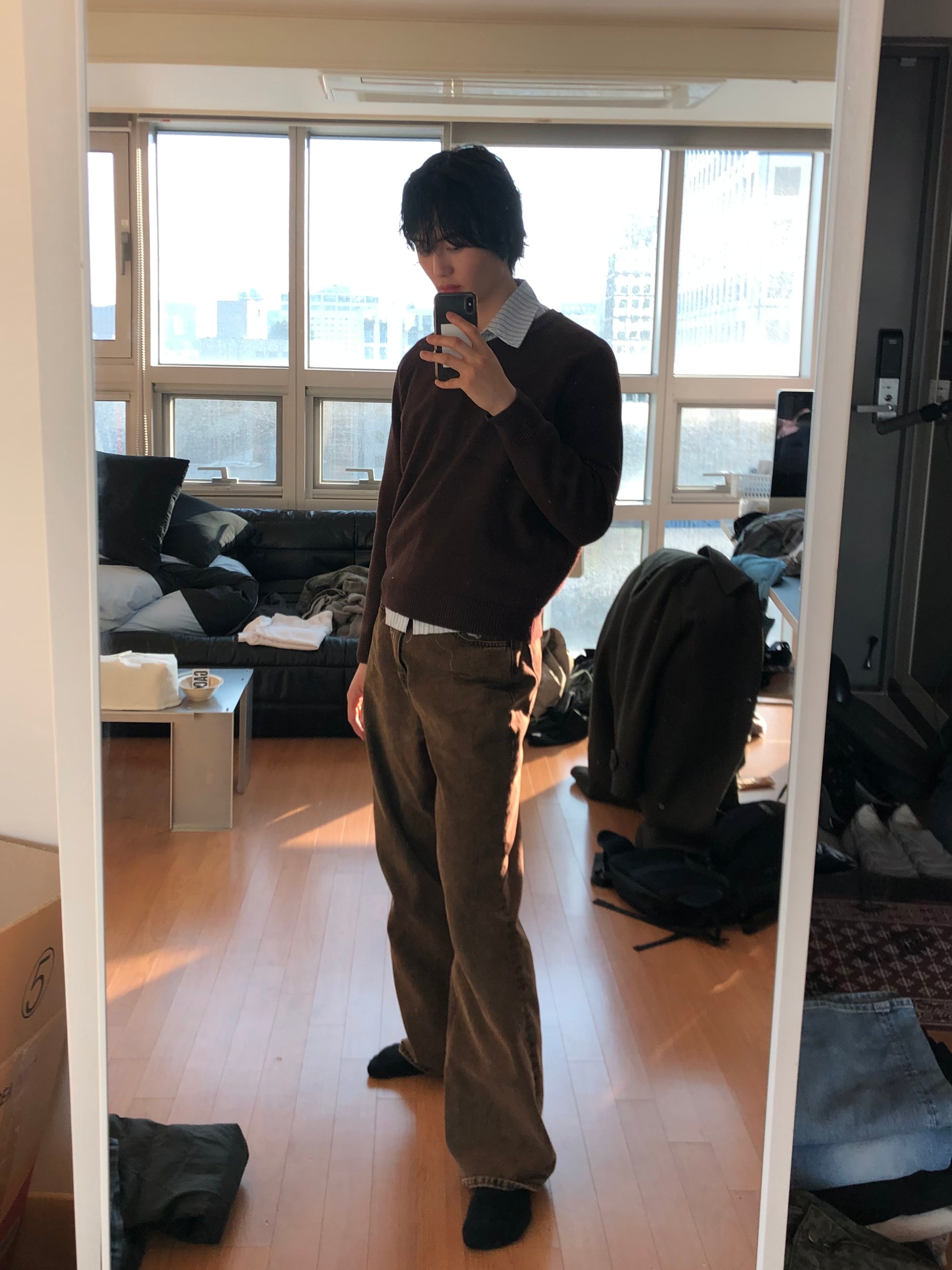 Brown Vintage Wash Wide Denim Pants