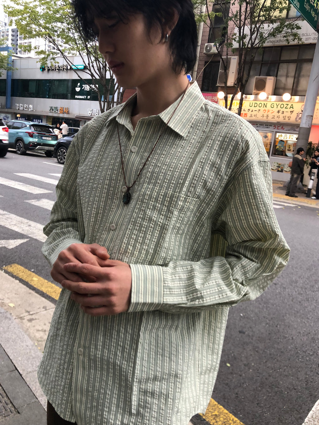 Taupe Seersucker Stripe Shirt