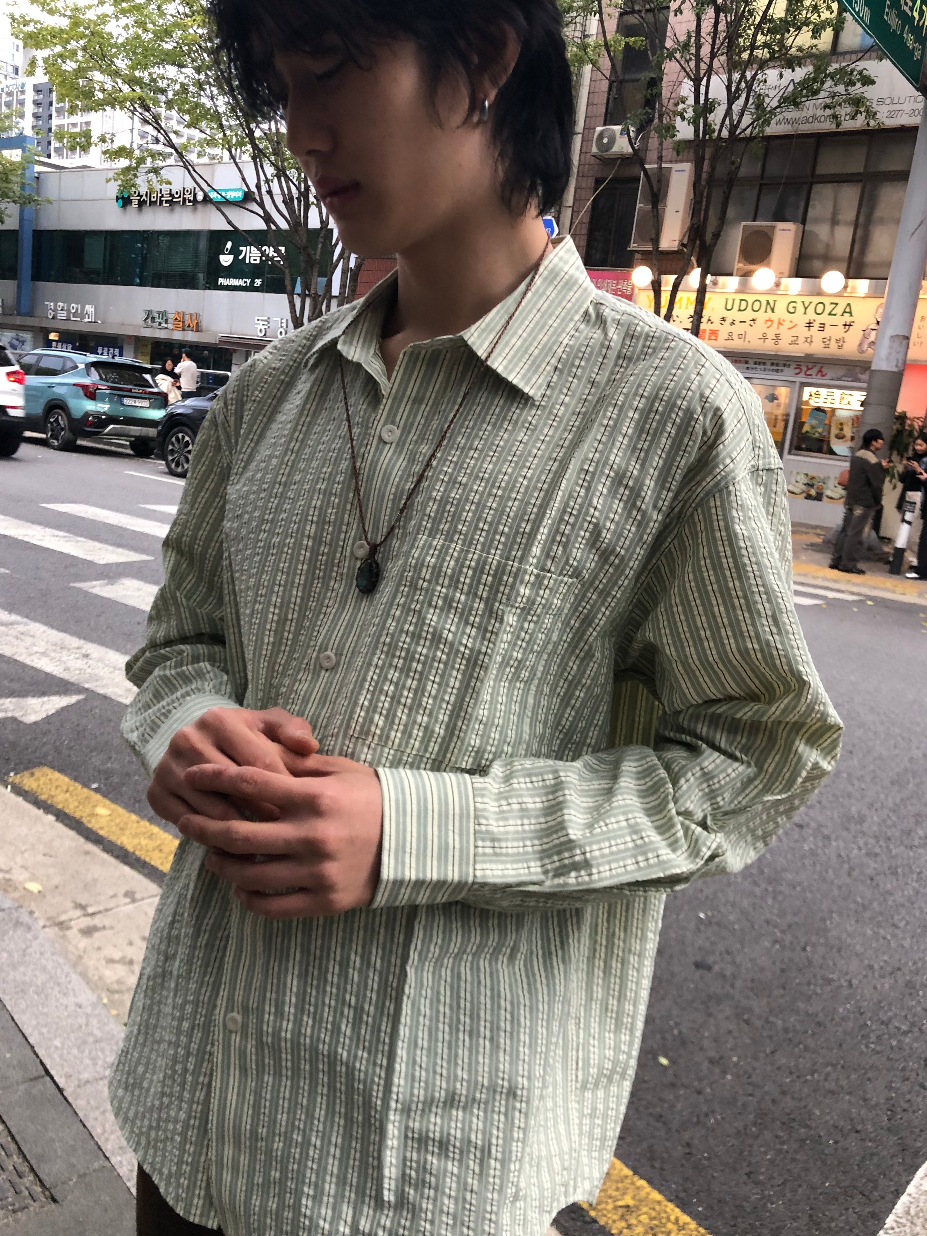Taupe Seersucker Stripe Shirt