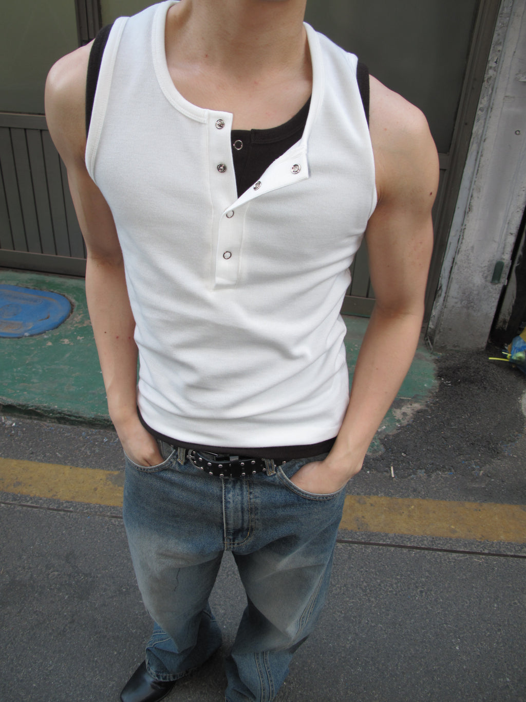 Ring-Button Henley Tank Top