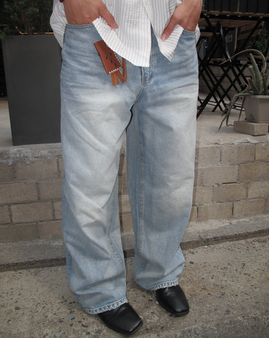 Washed Wide-Leg Denim Pants