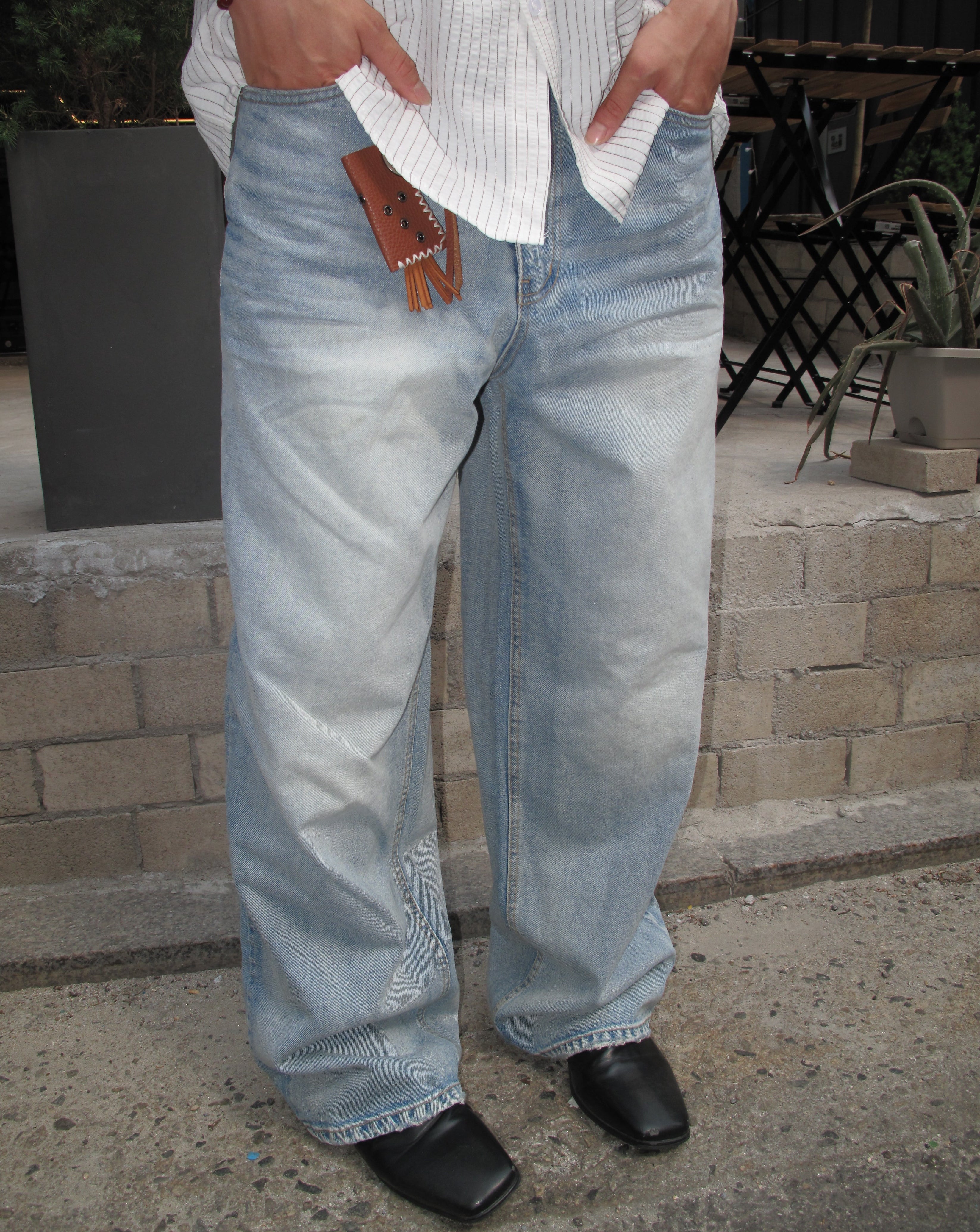 Washed Wide-Leg Denim Pants