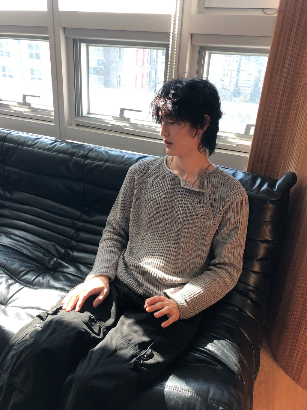 Cropped Bato Cut Henley Knit