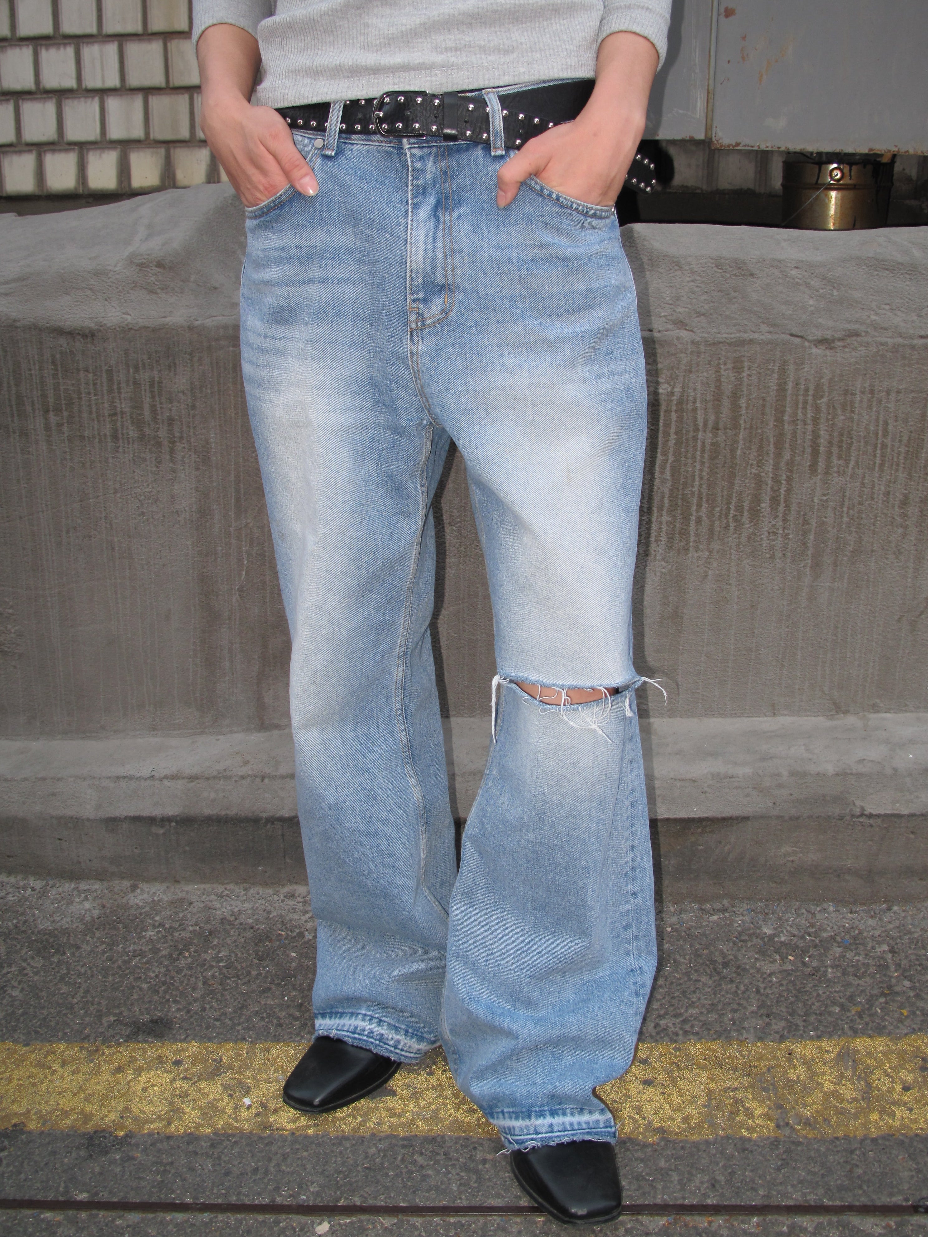 Distressed Knee-Cut Light-Wash Bootcut Jeans