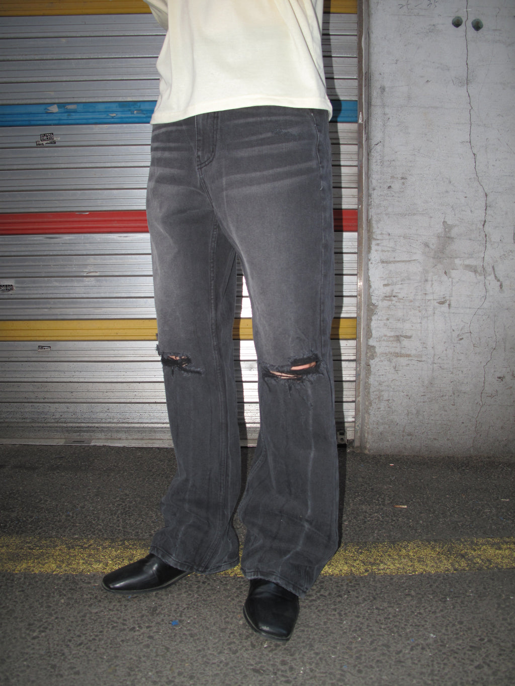 Distressed Washed Black Wide-Flare Jeans