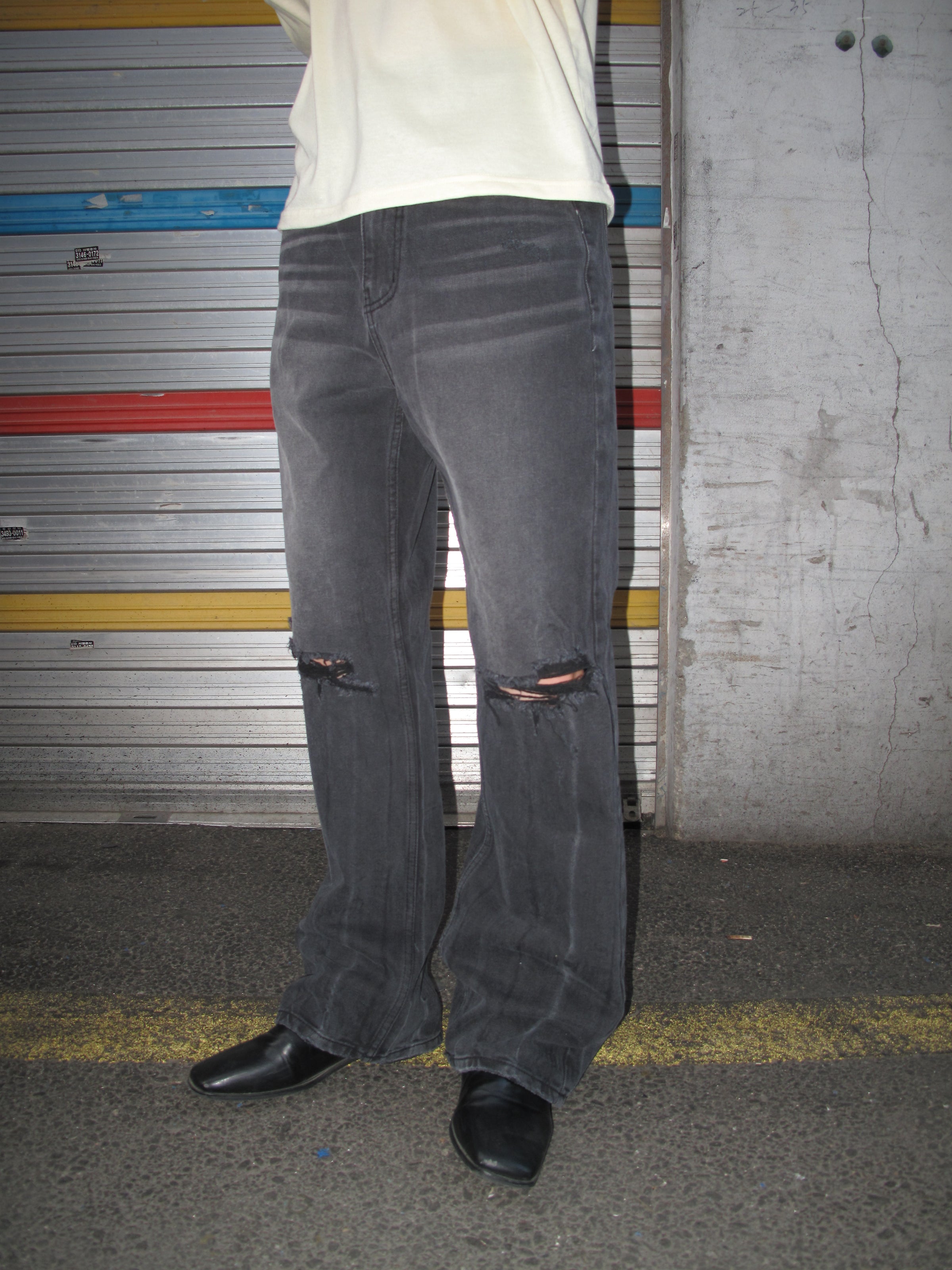 Distressed Washed Black Wide-Flare Jeans