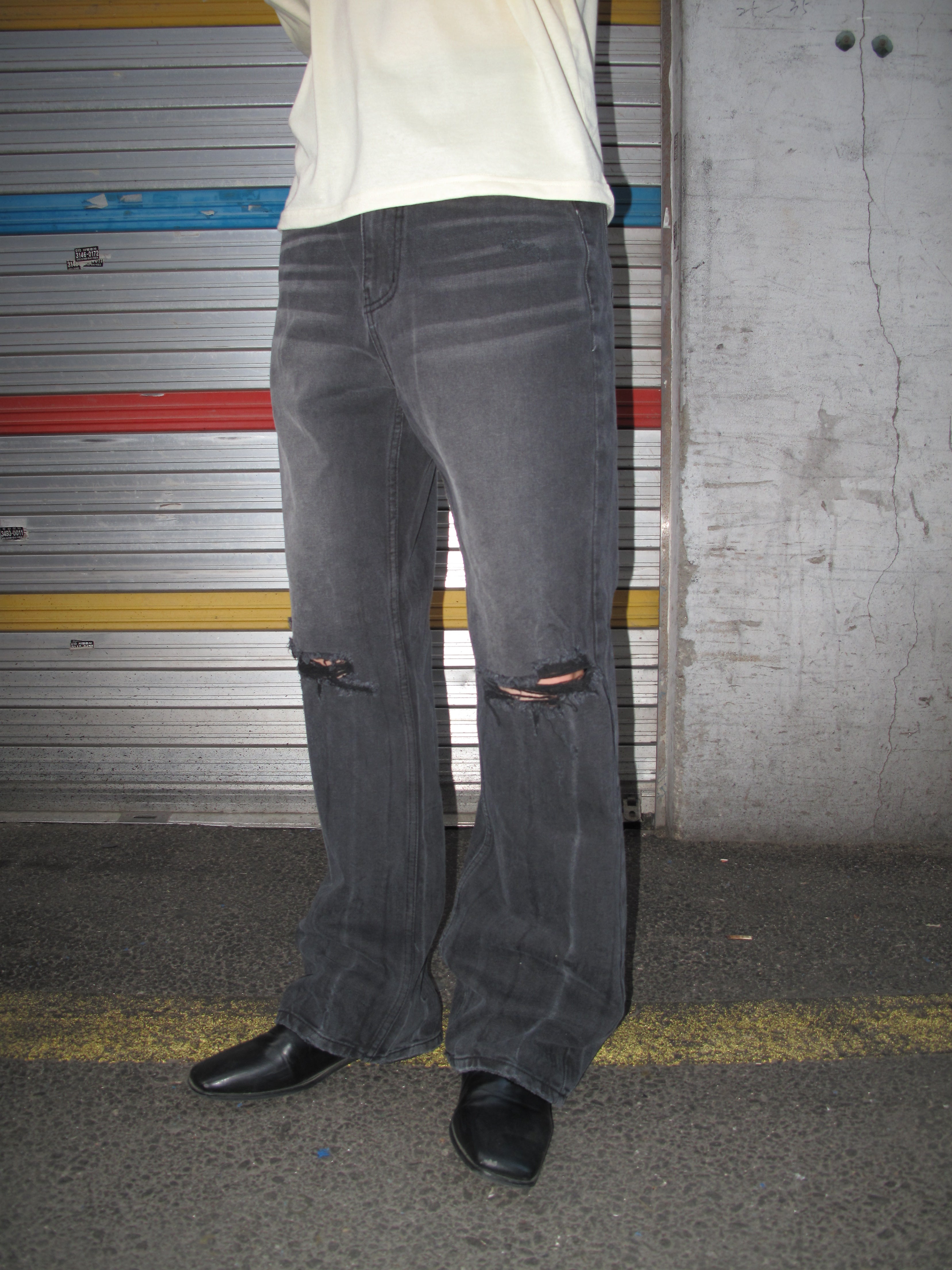 Distressed Washed Black Wide-Flare Jeans