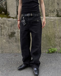 Ring-Zip Black Wide Denim Pants