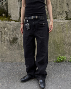 Ring-Zip Black Wide Denim Pants