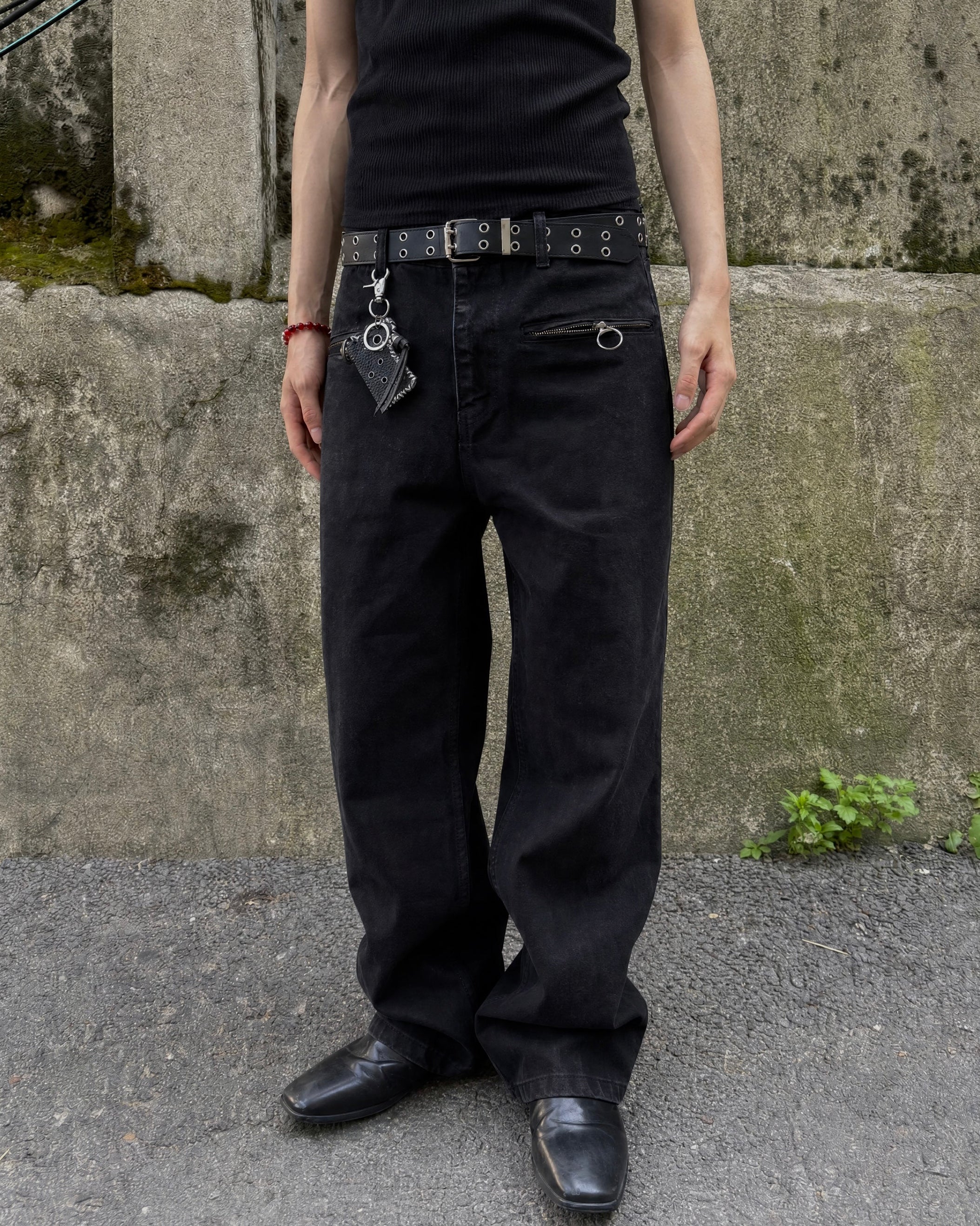 Ring-Zip Black Wide Denim Pants