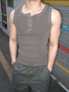 Pigment-Washed Ribbed Henley Tank Top