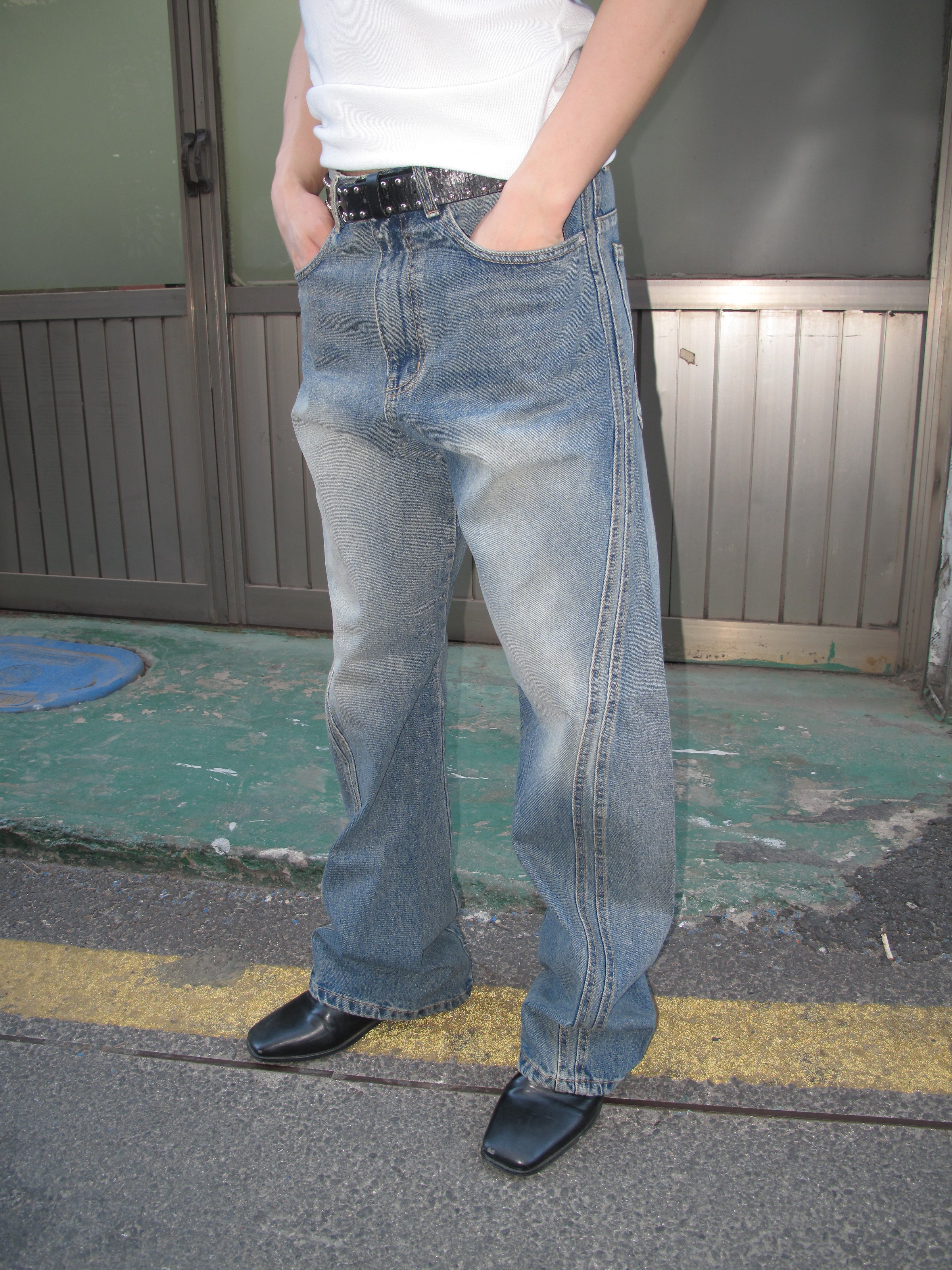 Curved-Seam Washed Flare Jeans