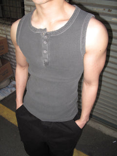 Pigment-Washed Ribbed Henley Tank Top
