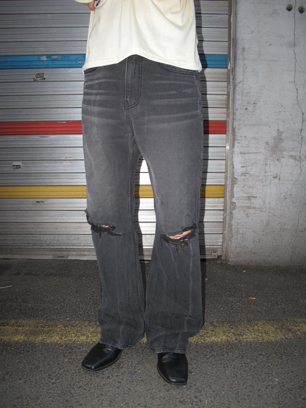 Distressed Washed Black Wide-Flare Jeans
