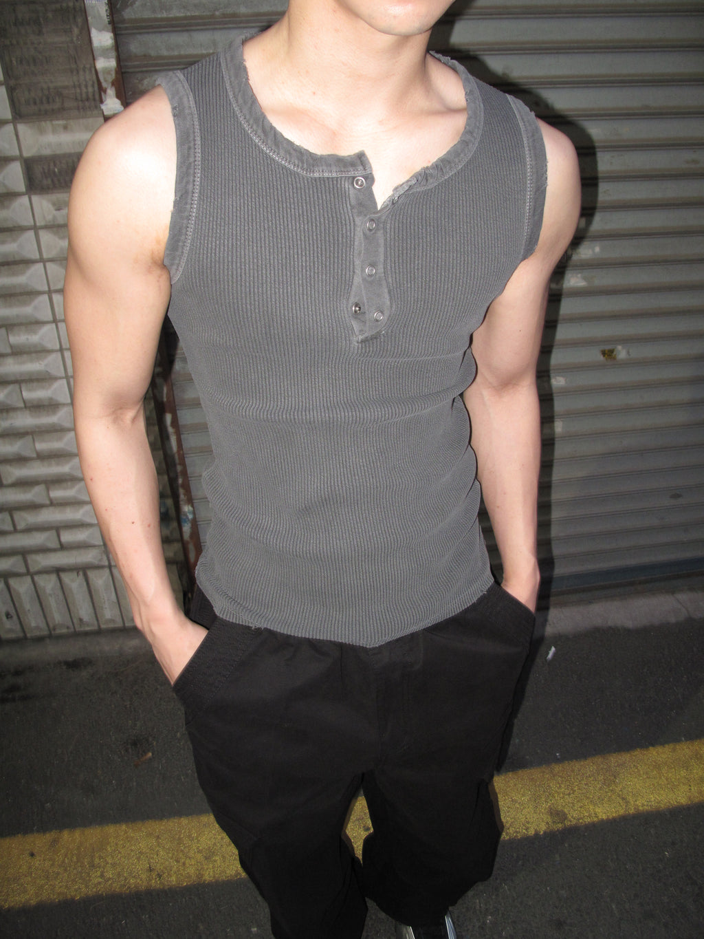 Pigment-Washed Ribbed Henley Tank Top