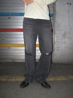 Distressed Washed Black Wide-Flare Jeans