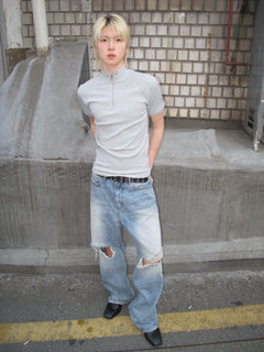 Distressed Knee-Cut Light-Wash Wide Jeans