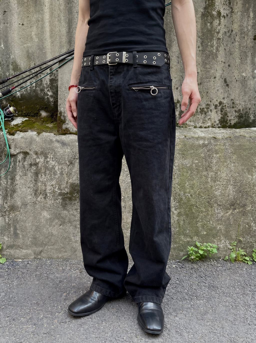 Ring-Zip Black Wide Denim Pants
