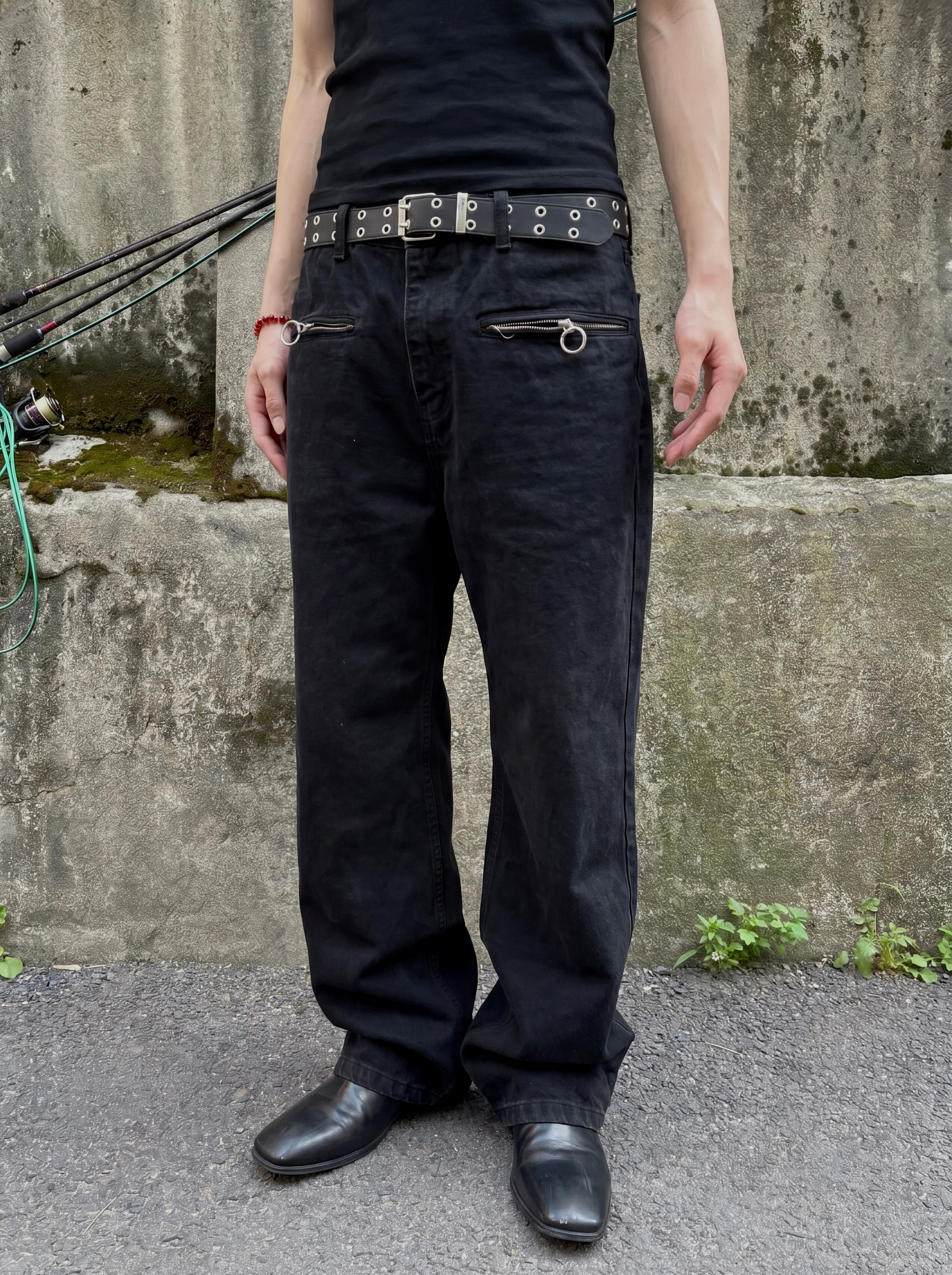 Ring-Zip Black Wide Denim Pants