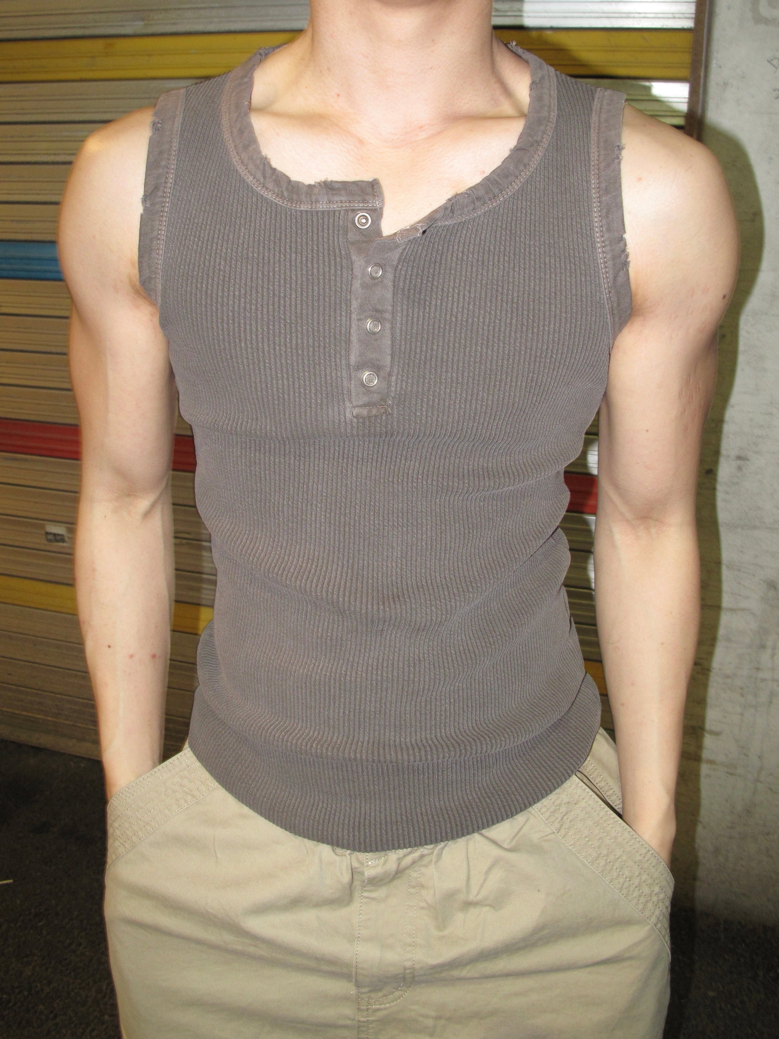 Pigment-Washed Ribbed Henley Tank Top