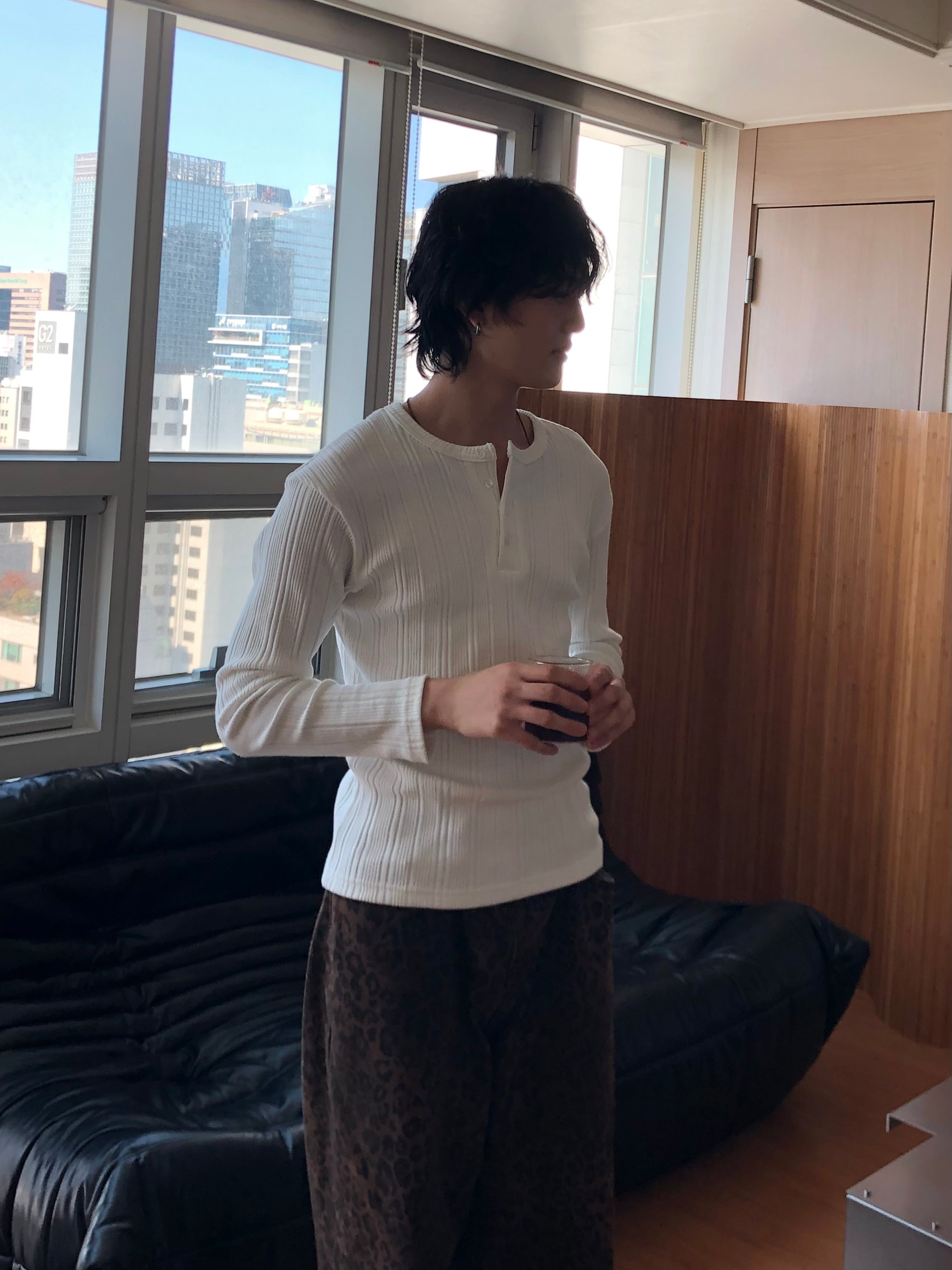 Slim Rib-Knit Henley Top(White)