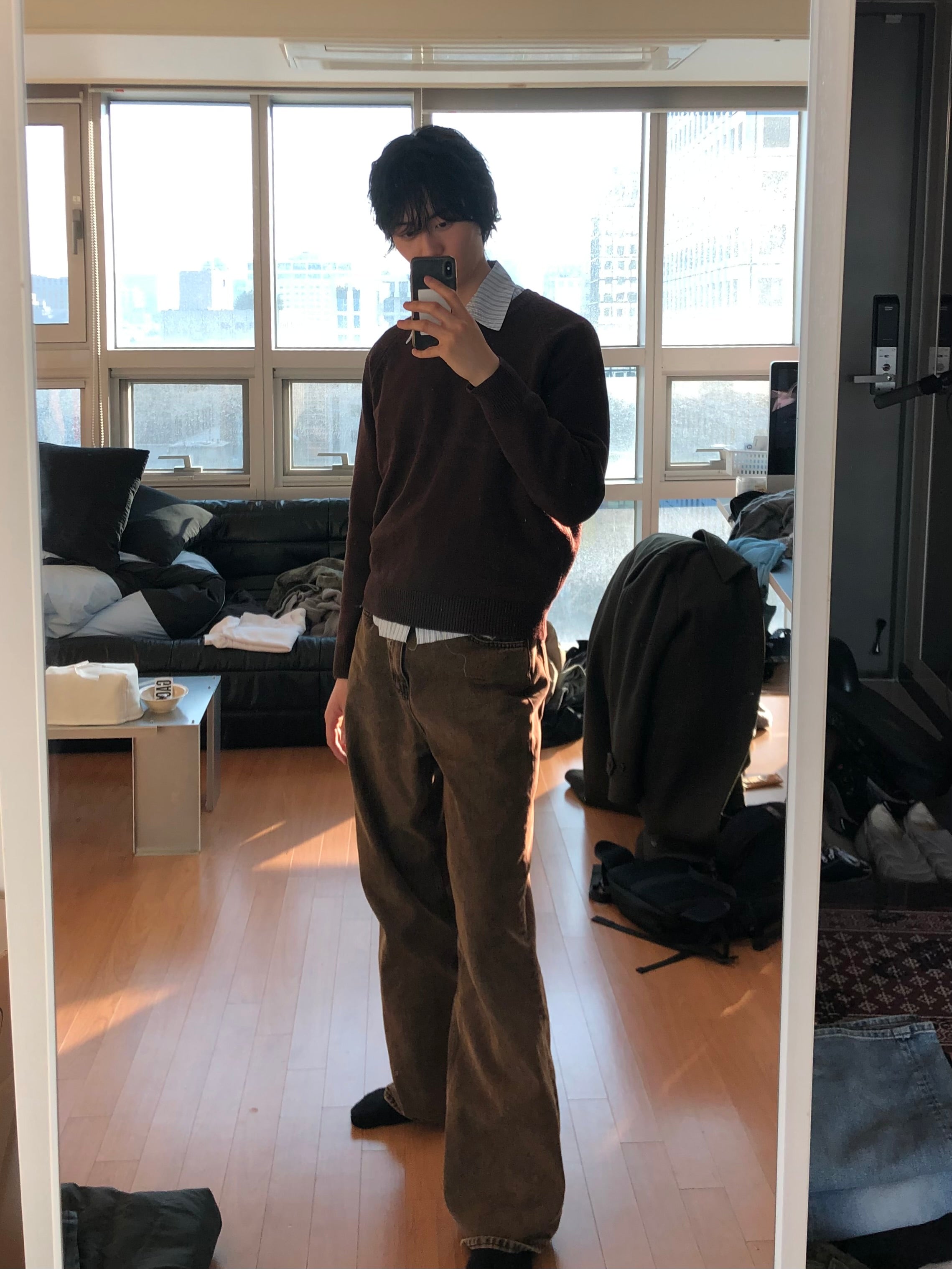 Brown Vintage Wash Wide Denim Pants