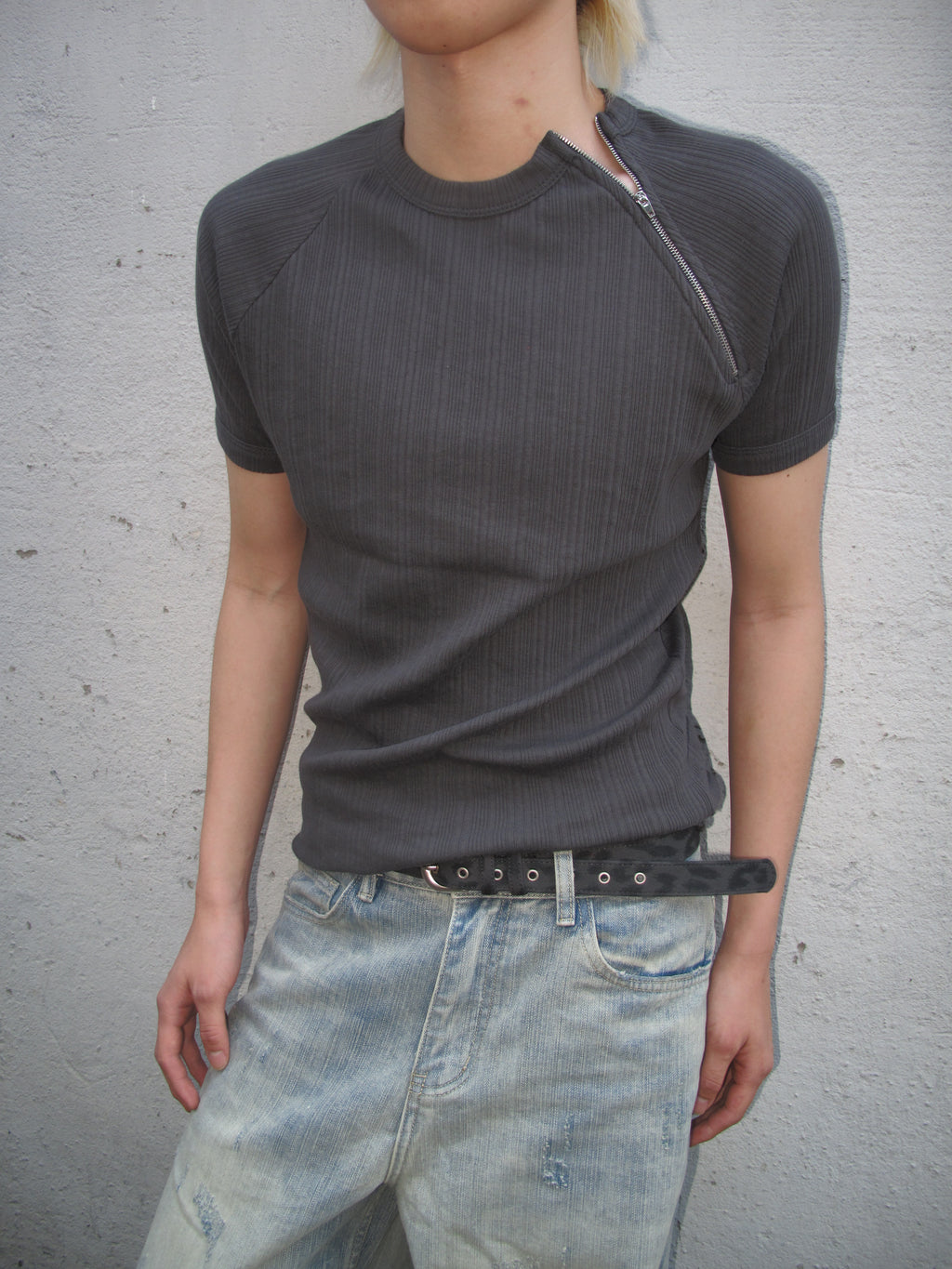 Side-Zip Ribbed Short Sleeve Knit Top