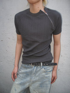 Side-Zip Ribbed Short Sleeve Knit Top